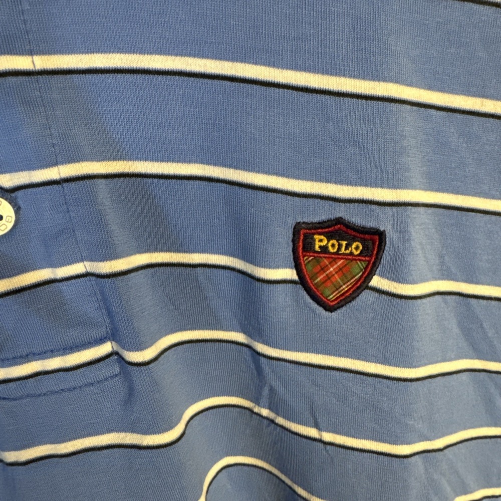Vtg Polo Ralph Lauren Golf Polo Shirt Shield Logo Size XL Blue Stripe Shannopinq